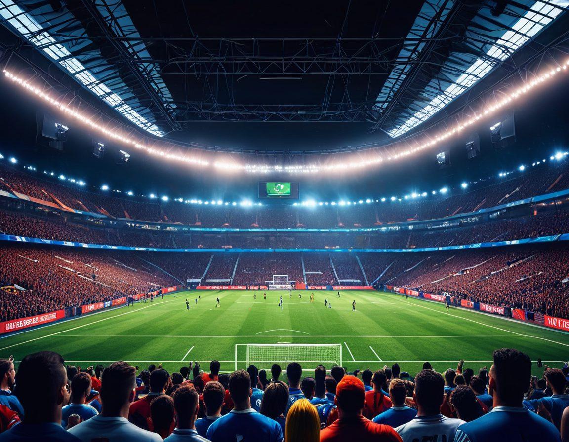Dynamic football scene featuring a stadium filled with cheering fans, a scoreboard showing the latest fixtures, and a news ticker at the bottom with live match reports. Players from various teams in action, displaying passion and intensity. super-realistic. vibrant colors. dramatic lighting.