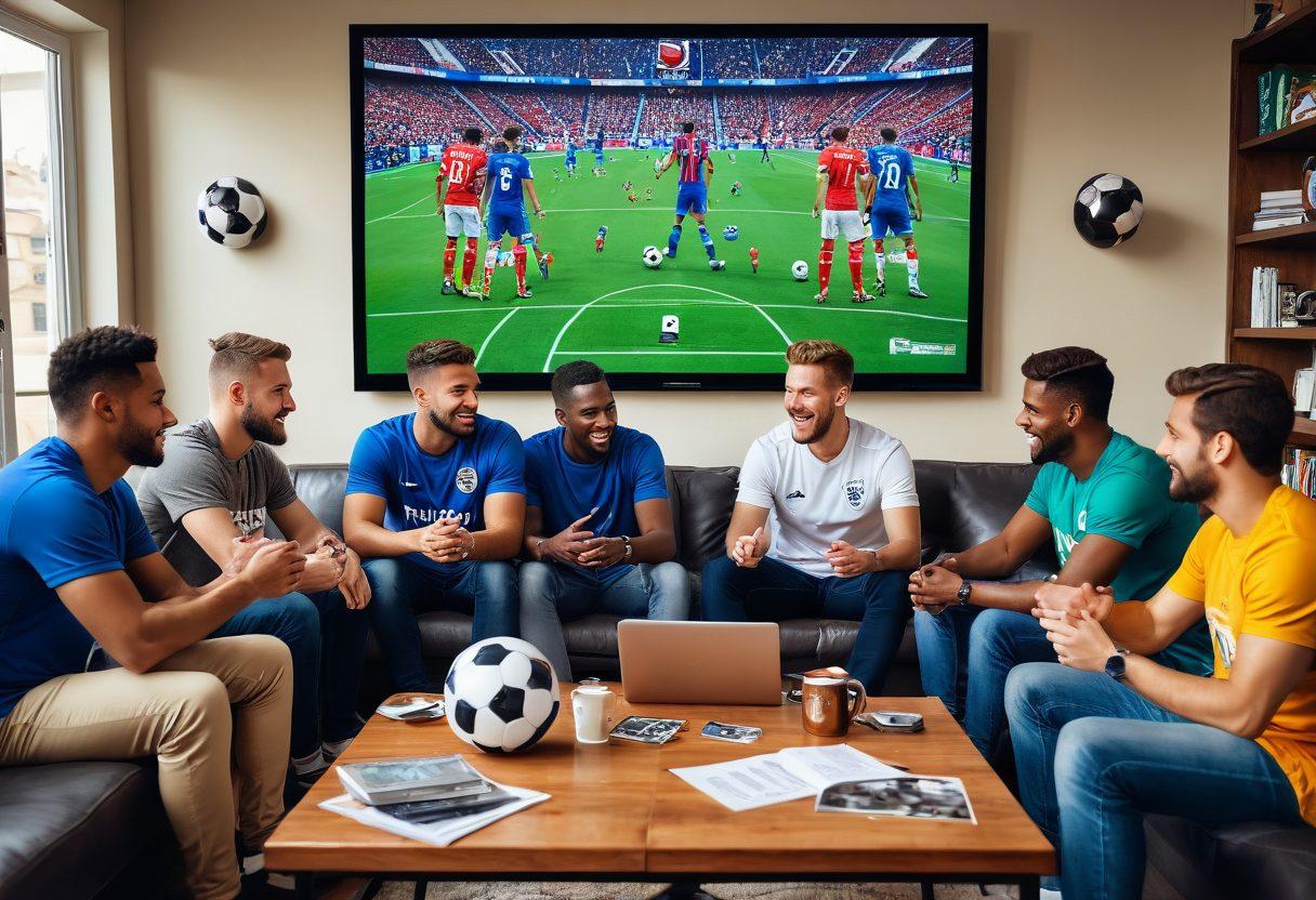 A diverse group of enthusiastic football fans passionately engaged in a lively discussion around a modern coffee table cluttered with football gear, prediction charts, and laptops showcasing live chat screens. A backdrop of a big screen displaying an ongoing football match. Paintings of iconic football moments on the walls with a cozy, inviting ambiance. super-realistic. vibrant colors.