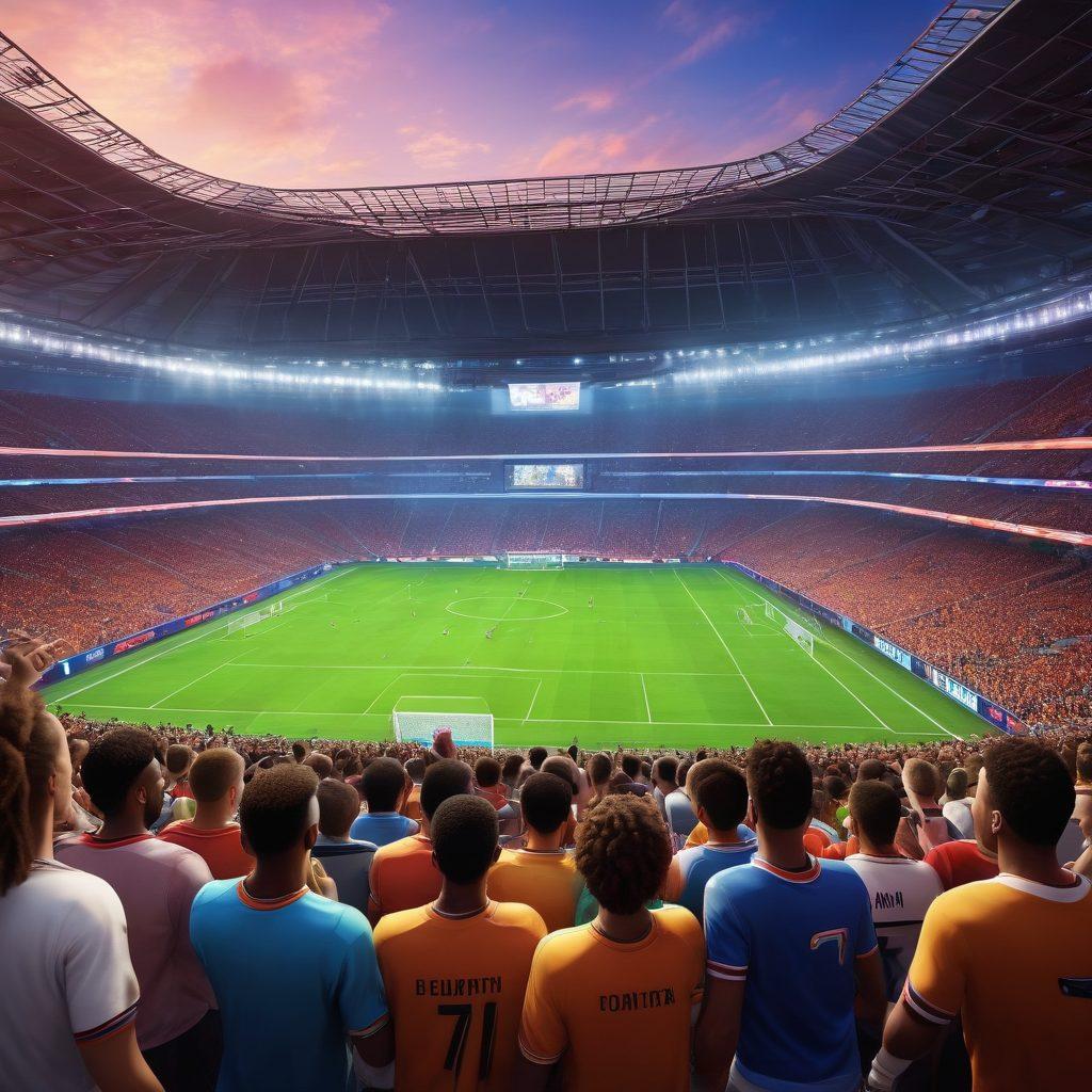 A dynamic scene of a football stadium bustling with energy, capturing players in action, scoreboard displaying live scores, sensors and virtual reality elements enhancing the experience, surrounded by a diverse, engaged community sharing insights and cheering together. vibrant colors. super-realistic. high energy atmosphere.